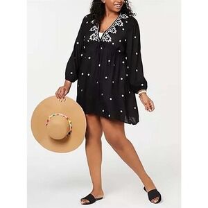 Raviya Embroidered Long Sleeve Swimsuit Cover Up Dress, BLACK, 1X